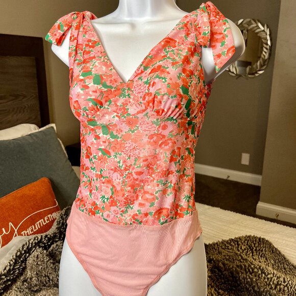 Lulus Perfect Sweetie Pink Floral Mesh Tie-Strap Bodysuit, Size Small - Picture 1 of 3